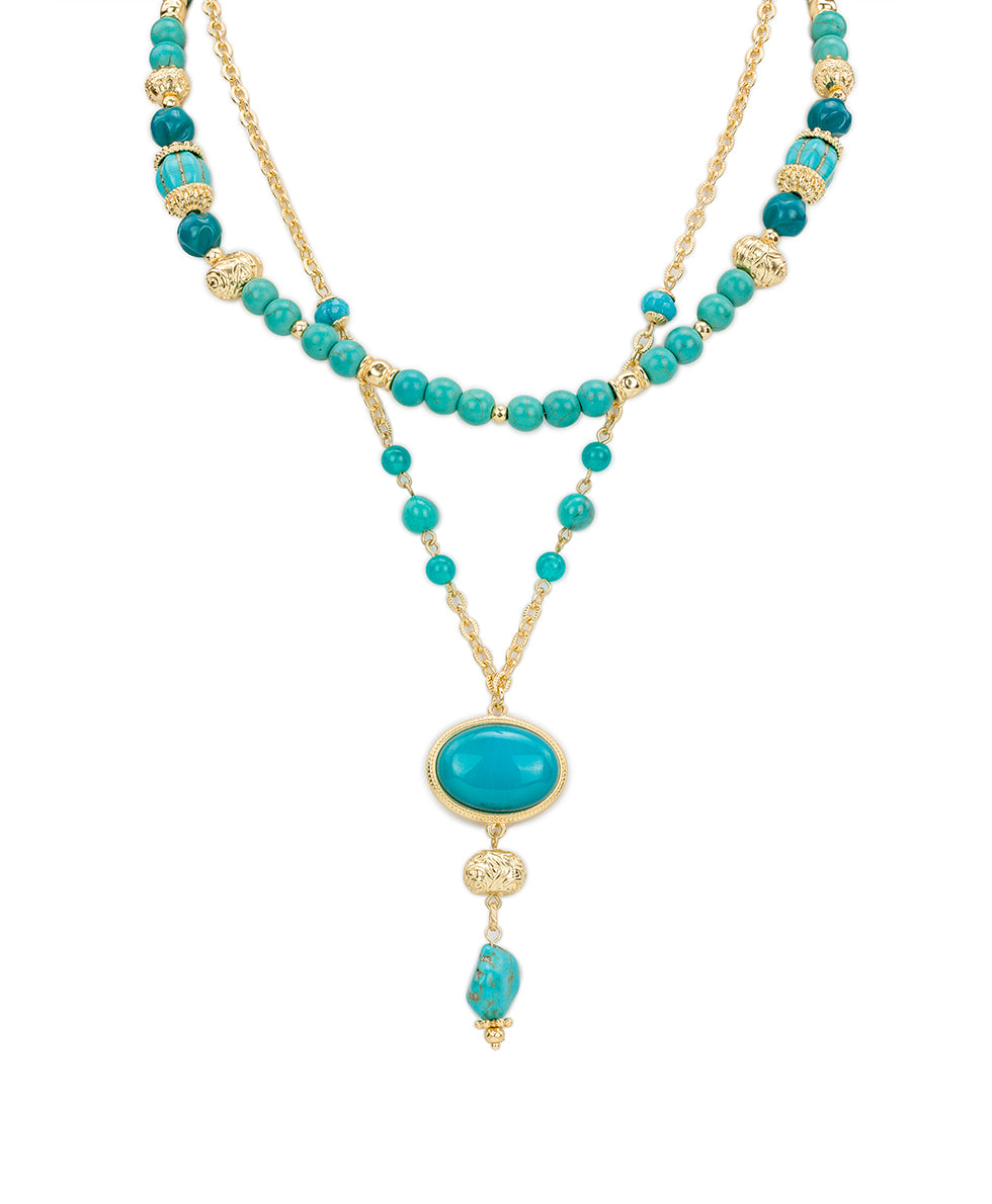 Female - Teal Bead Modular Necklace - Eclectic Bead - egpytian gold - by Patricia Nash - View 1 of 4