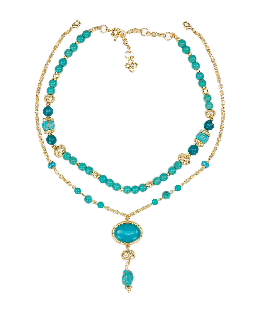 Female - Teal Bead Modular Necklace - Eclectic Bead - egpytian gold - by Patricia Nash - View 2 of 4