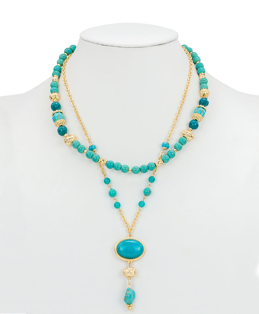 Female - Teal Bead Modular Necklace - Eclectic Bead - egpytian gold - by Patricia Nash - View 3 of 4