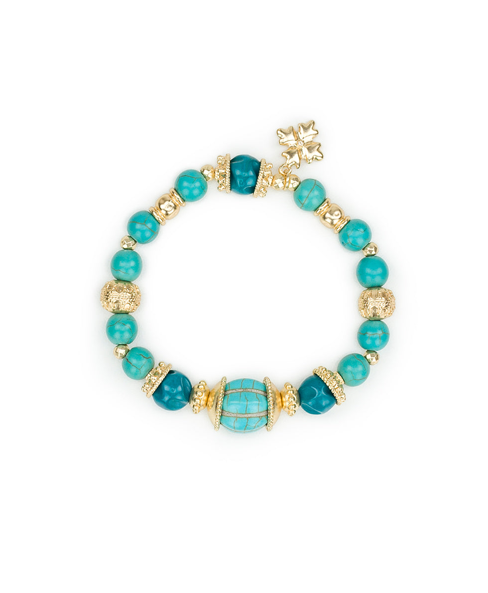 Female - Teal Bead Stretch Bracelet - Eclectic Bead - egyptian gold - by Patricia Nash - View 1 of 3