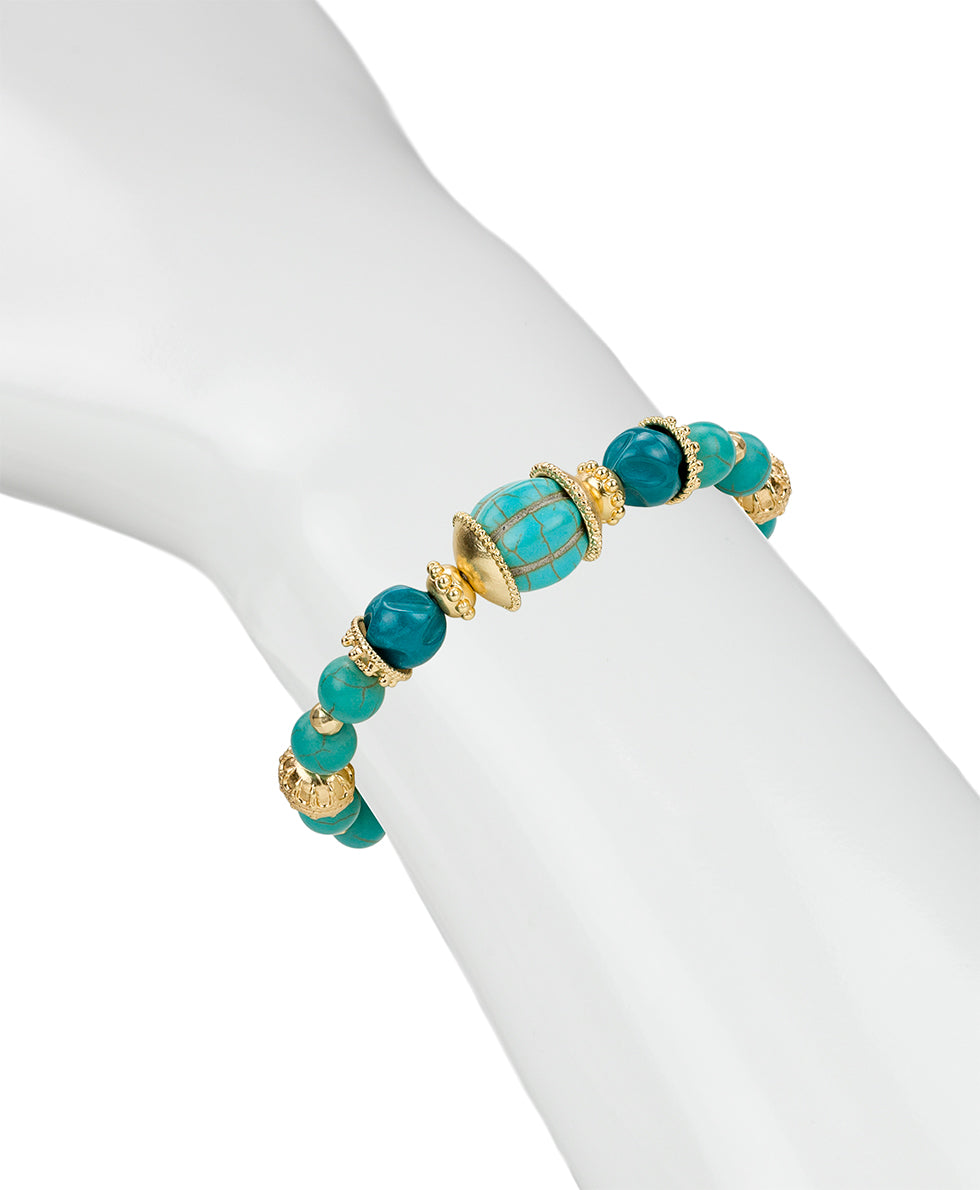Female - Teal Bead Stretch Bracelet - Eclectic Bead - egyptian gold - by Patricia Nash - View 3 of 3