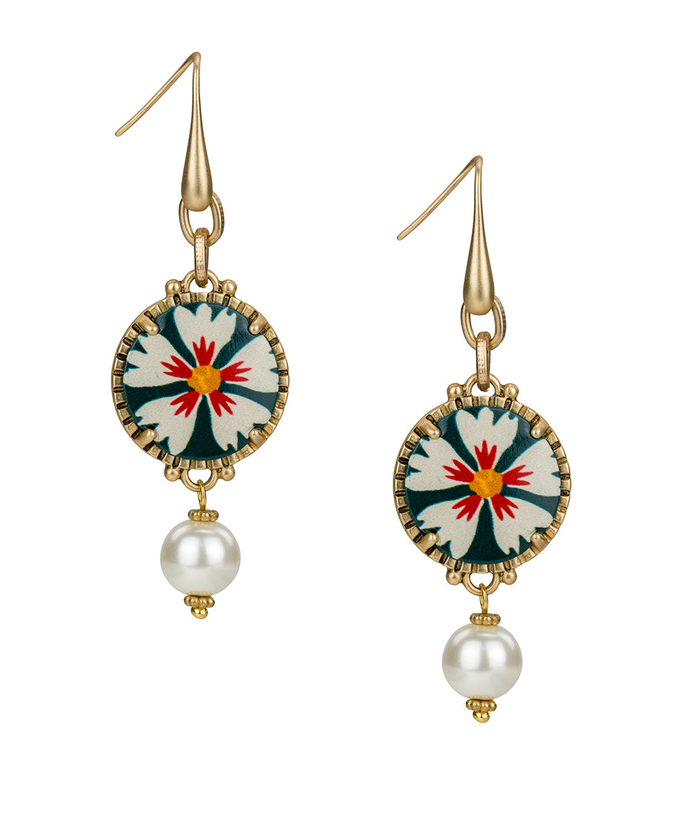 Female - Round Drop Pearl Earrings - Leather Insert Collection - spruce/antique gold - by Patricia Nash - View 1 of 2