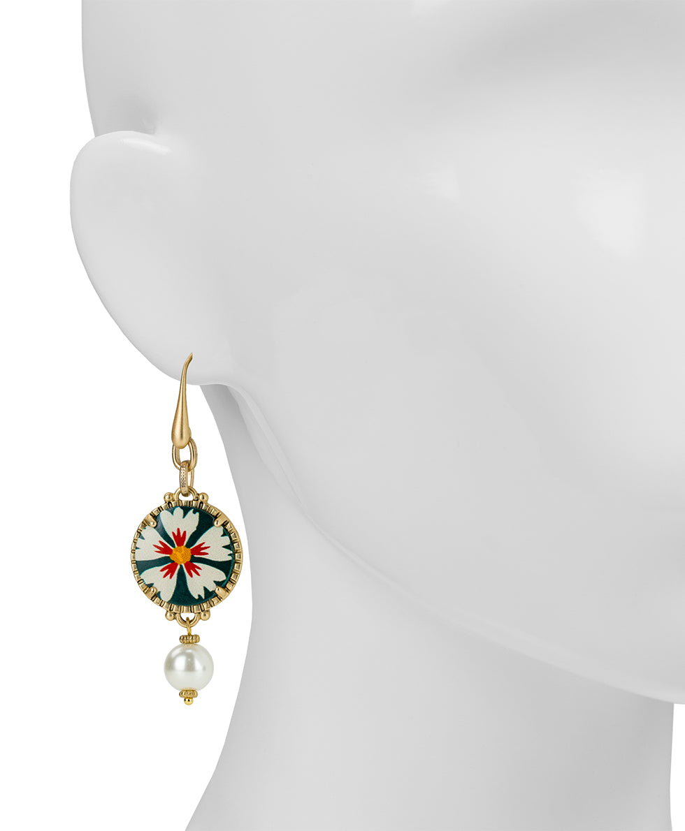 Female - Round Drop Pearl Earrings - Leather Insert Collection - spruce/antique gold - by Patricia Nash - View 2 of 2