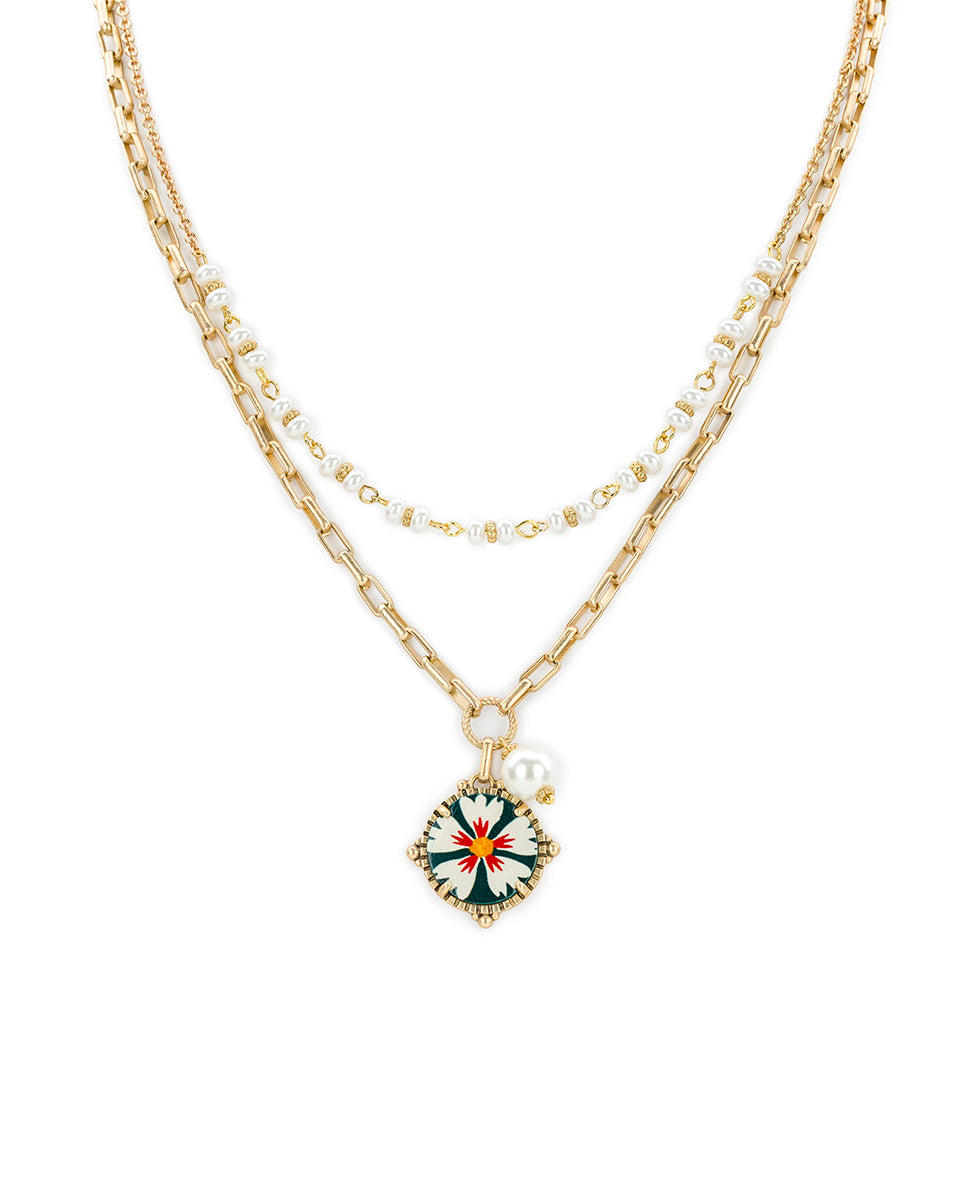 Female - Modular Drop and Pearl Necklace - Leather Insert Collection - spruce/antique gold - by Patricia Nash - View 1 of 4
