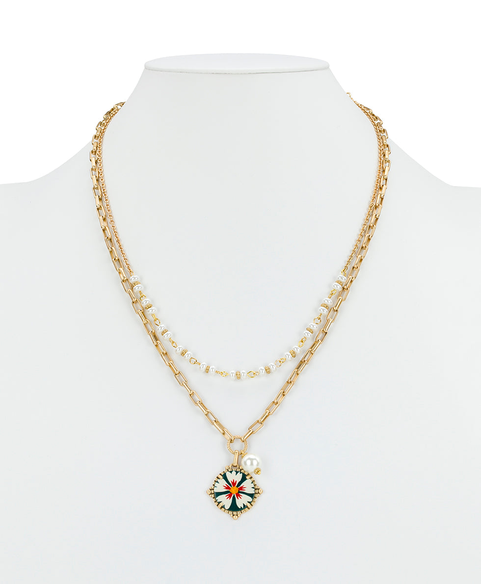 Female - Modular Drop and Pearl Necklace - Leather Insert Collection - spruce/antique gold - by Patricia Nash - View 3 of 4