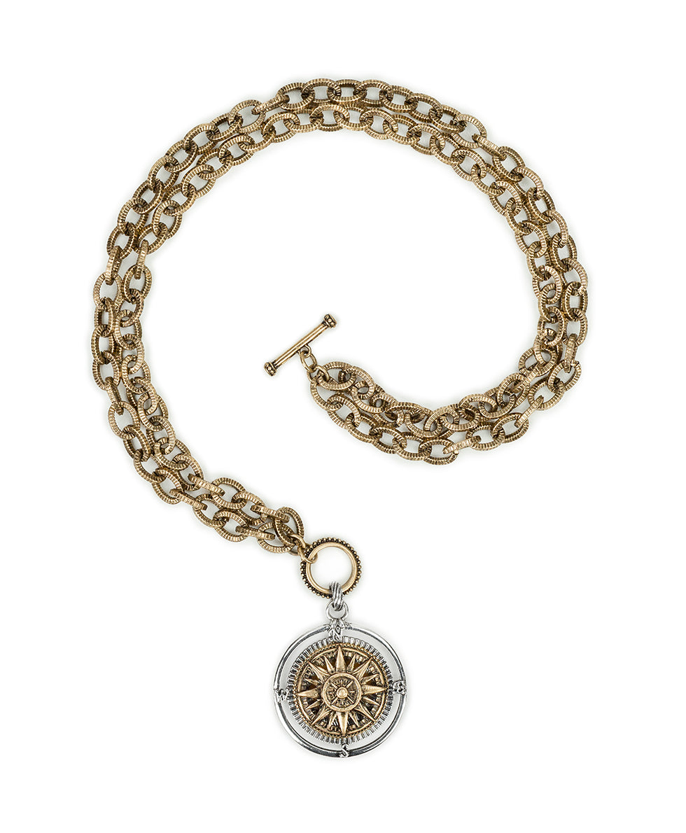 Female - Compass Convertible Necklace - World Traveler - antique gold/silver ox - by Patricia Nash - View 3 of 5
