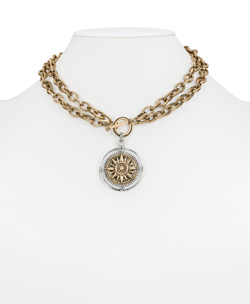 Female - Compass Convertible Necklace - World Traveler - antique gold/silver ox - by Patricia Nash - View 4 of 5