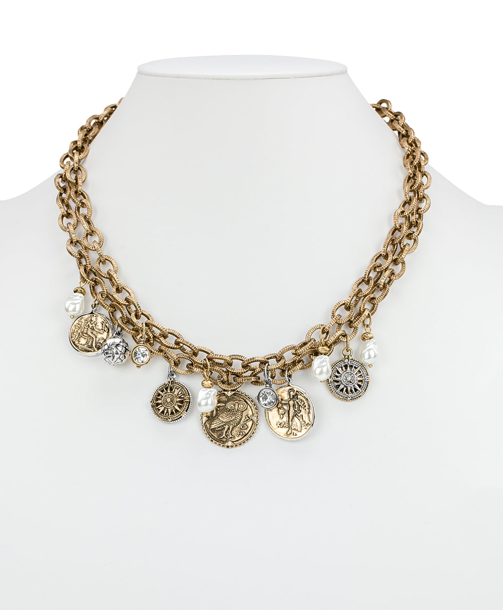 Female - Double Charm Necklace - World Traveler - antique gold/silver ox - by Patricia Nash - View 3 of 3