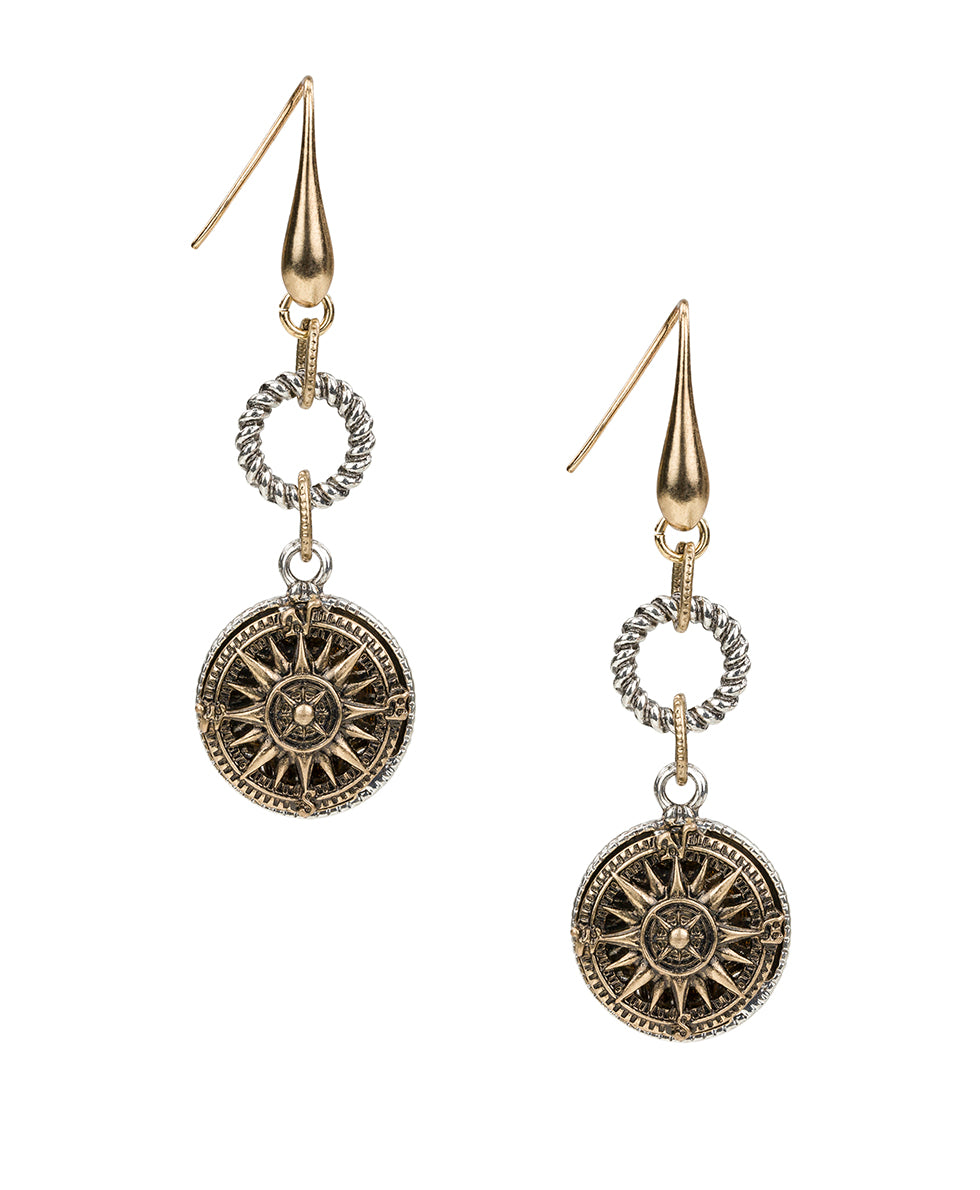 Female - Rope Ring Compass Earrings - World Traveler - antique gold/silver ox - by Patricia Nash - View 1 of 2