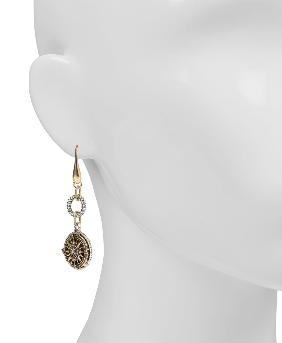 Female - Rope Ring Compass Earrings - World Traveler - antique gold/silver ox - by Patricia Nash - View 2 of 2