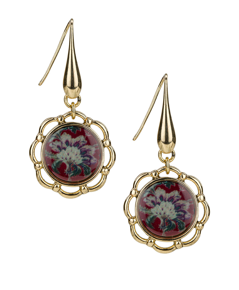 Female - Wire Drop Earrings - European Floral Tapestry - worn gold - by Patricia Nash - View 1 of 2