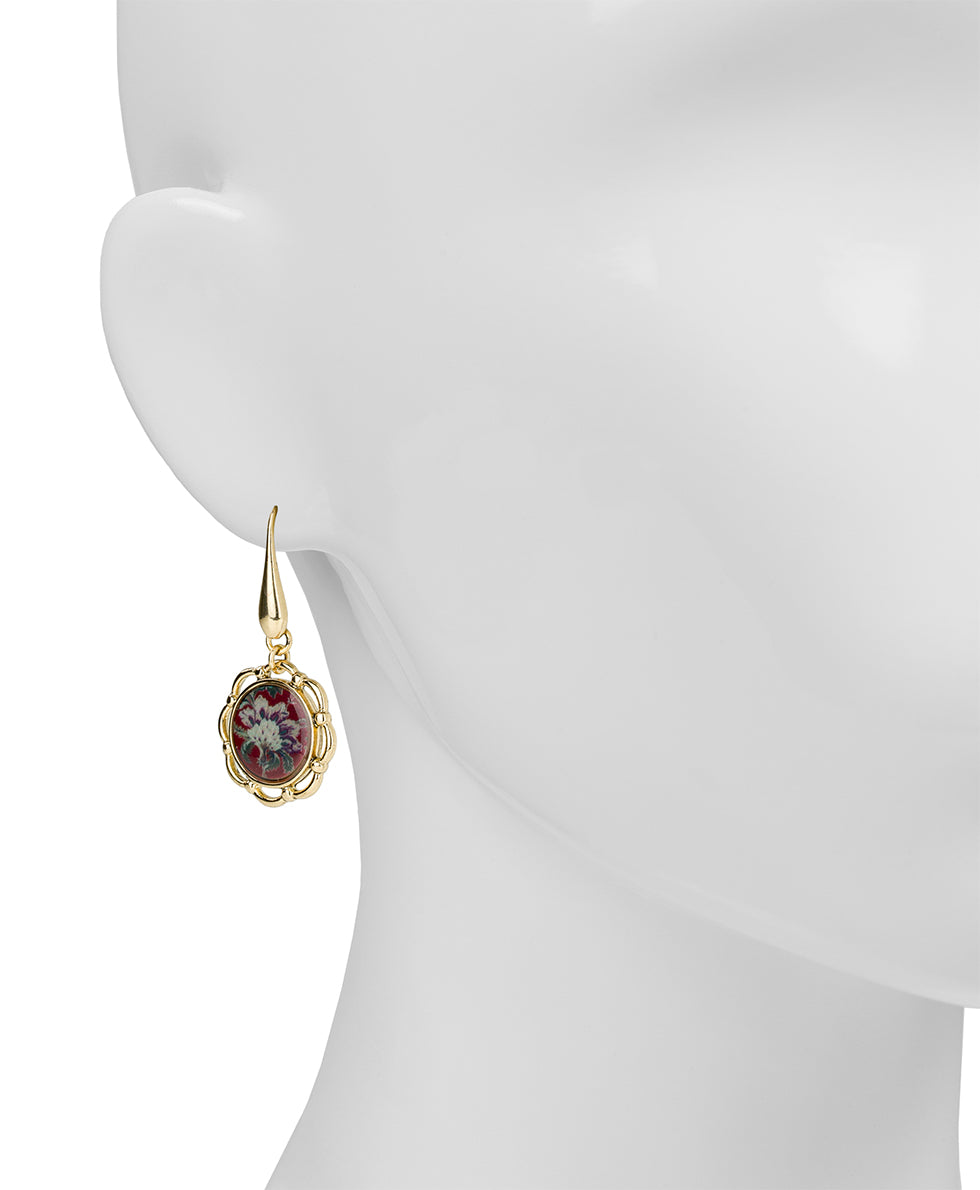 Female - Wire Drop Earrings - European Floral Tapestry - worn gold - by Patricia Nash - View 2 of 2