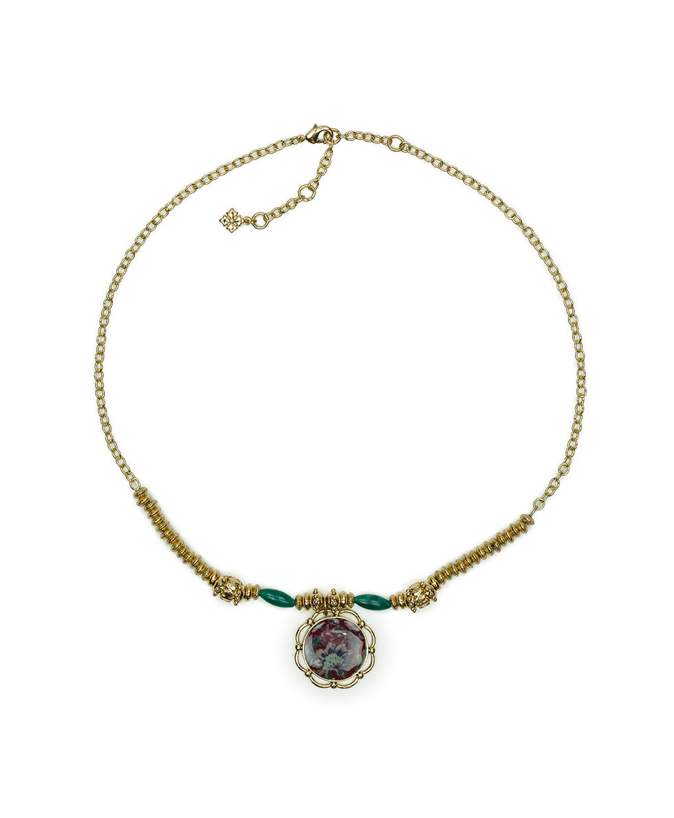 Female - Large Pendant Necklace - European Floral Tapestry - worn gold - by Patricia Nash - View 2 of 3