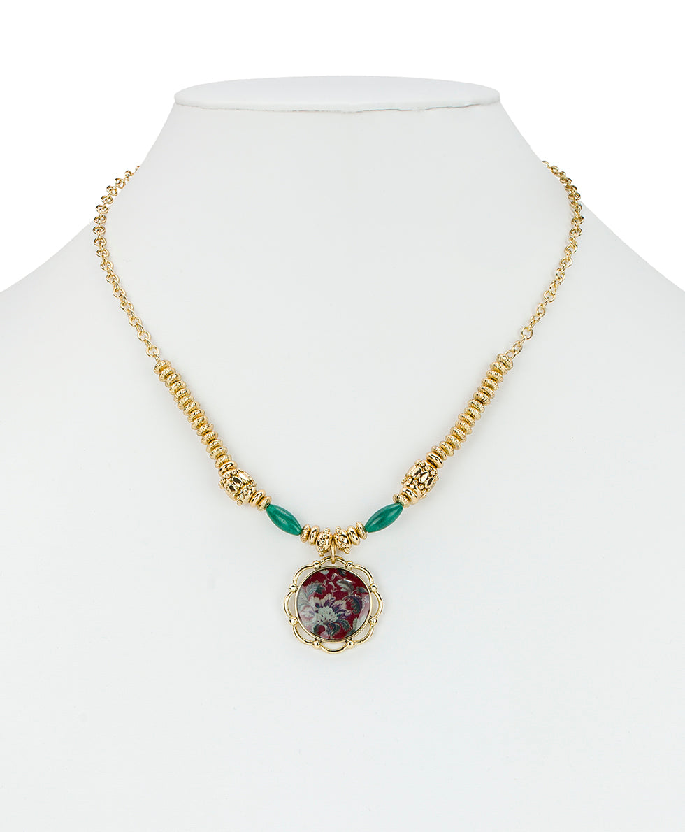 Female - Large Pendant Necklace - European Floral Tapestry - worn gold - by Patricia Nash - View 3 of 3