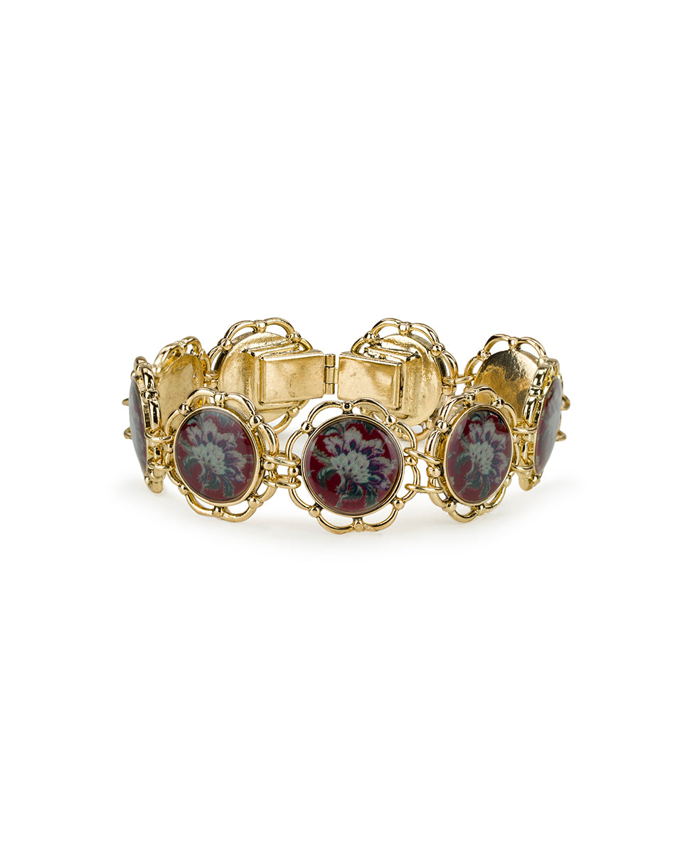 Female - Box Clasp Link Bracelet - European Floral Tapestry - worn gold - by Patricia Nash - View 1 of 3