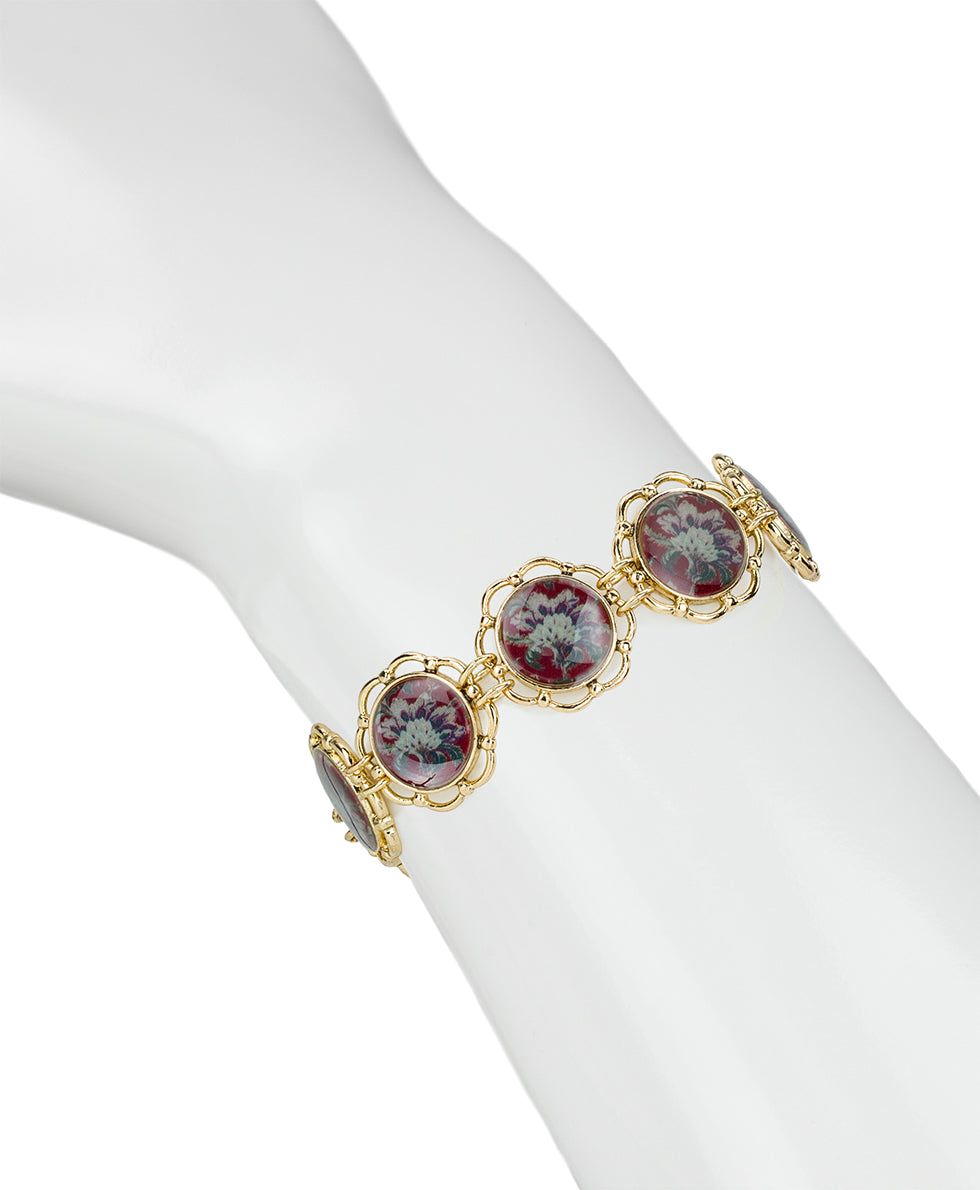 Female - Box Clasp Link Bracelet - European Floral Tapestry - worn gold - by Patricia Nash - View 3 of 3