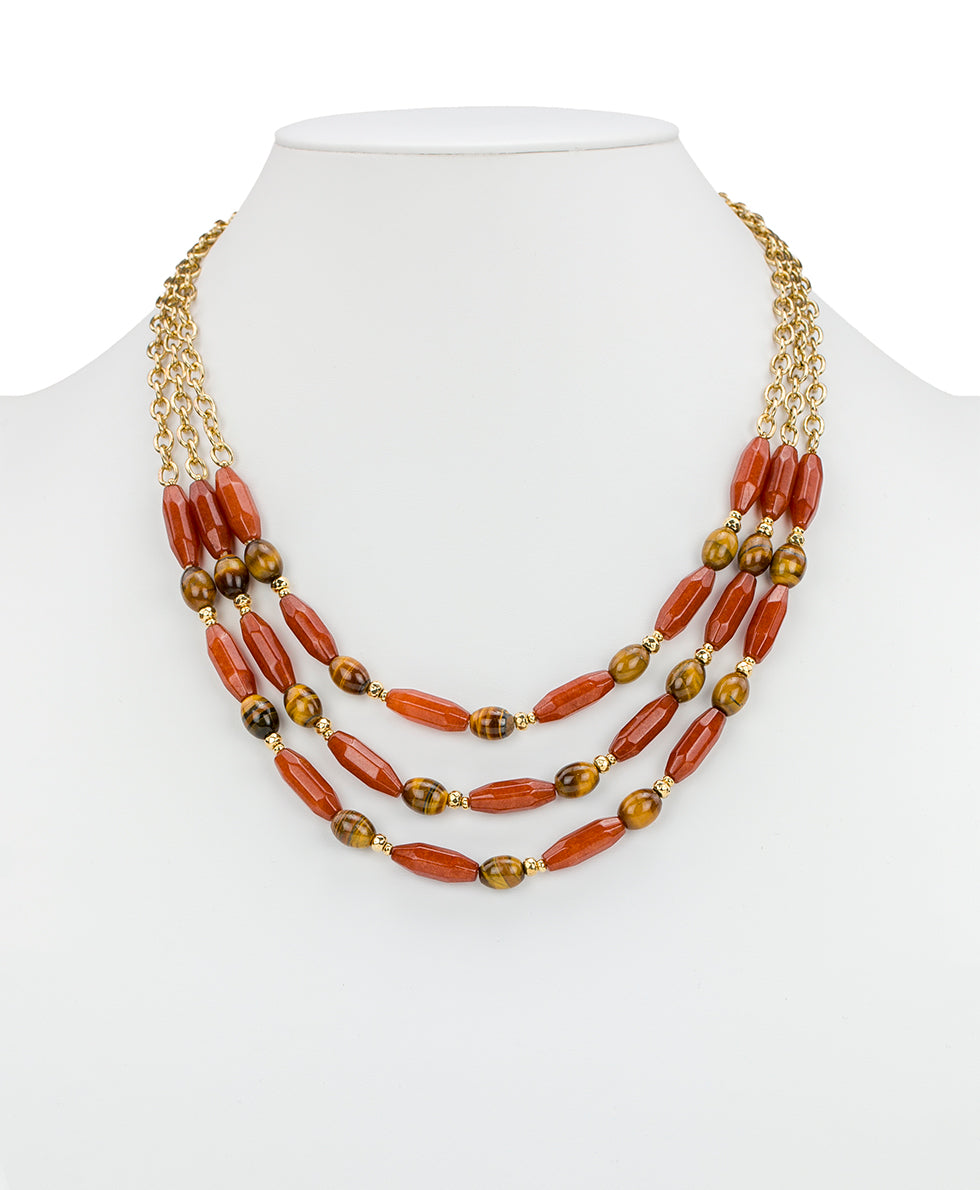 Female - Triple Strand Necklace - Eclectic Bead - red/antique gold - by Patricia Nash - View 2 of 2