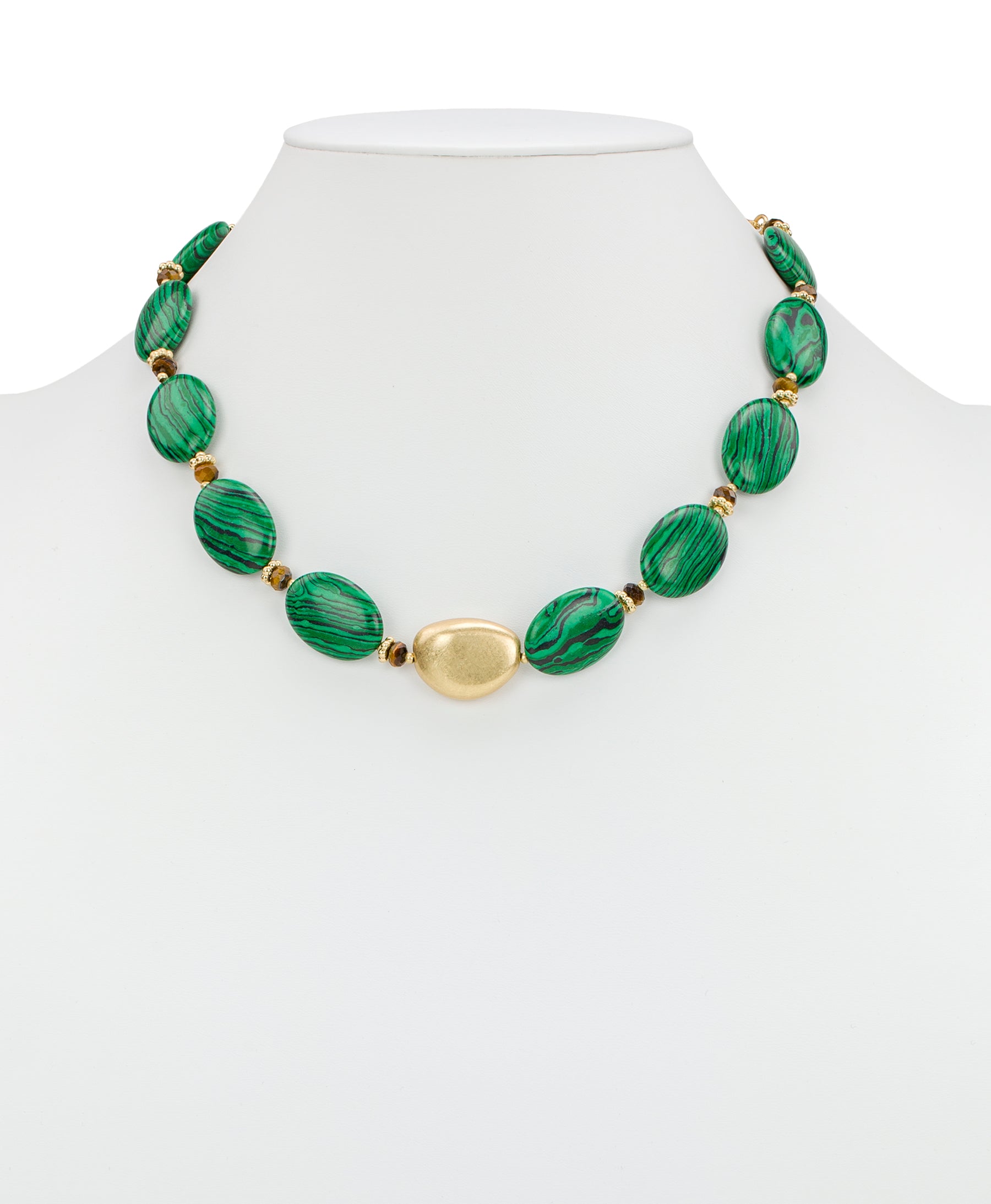 Female - Oval Bead Necklace - Eclectic Bead Collection - green/worn gold - by Patricia Nash - View 2 of 2