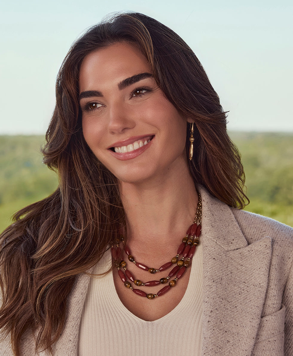 Female - Triple Strand Necklace - Eclectic Bead - red/antique gold - by Patricia Nash - View 3 of 3