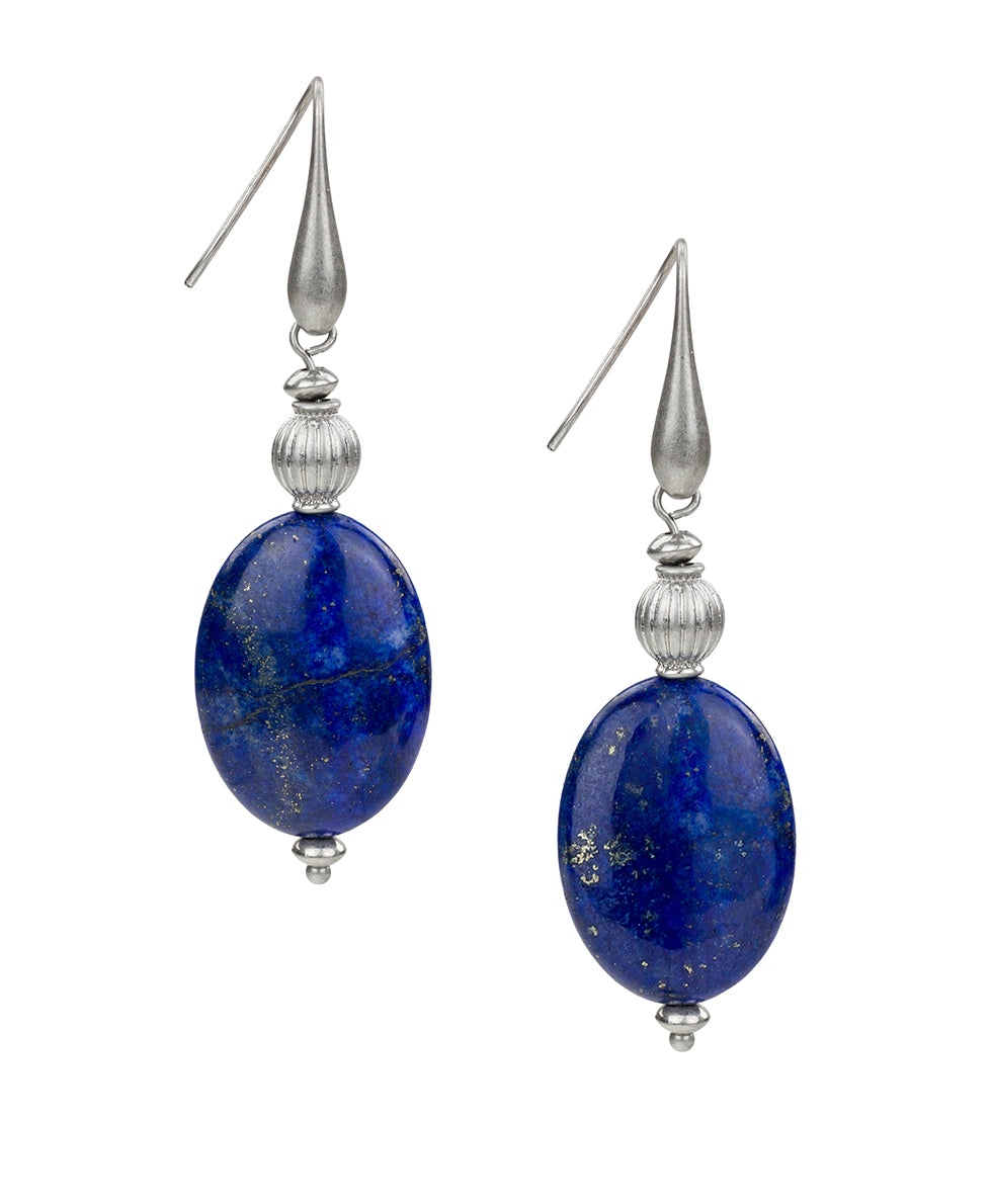 Female - Oval Drop Wire Earrings - Eclectic Bead Collection - worn rhodium / blue - by Patricia Nash - View 1 of 2