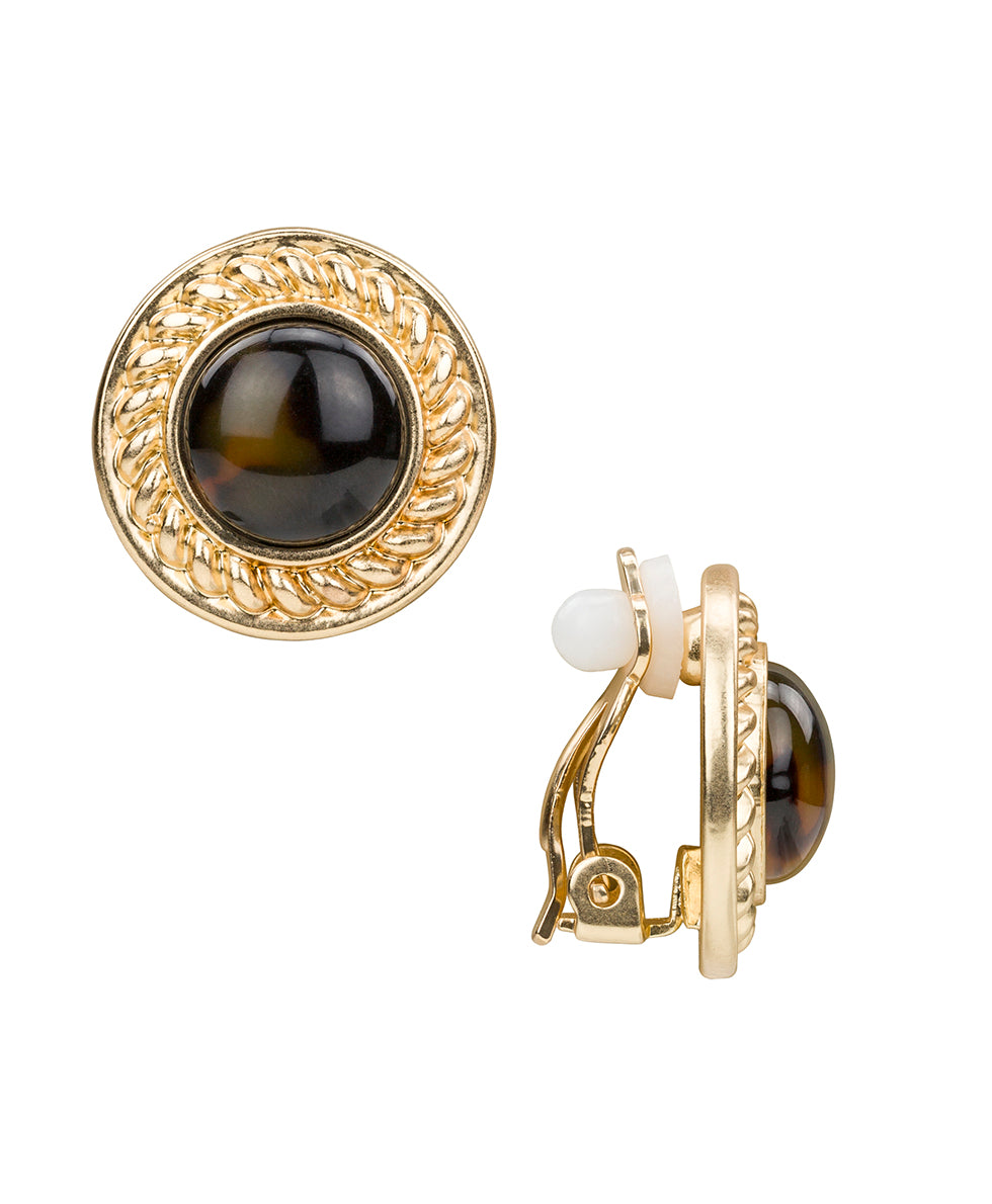 Female - Button Clip Earrings - Resin Tortoise - matte gold - by Patricia Nash - View 1 of 2