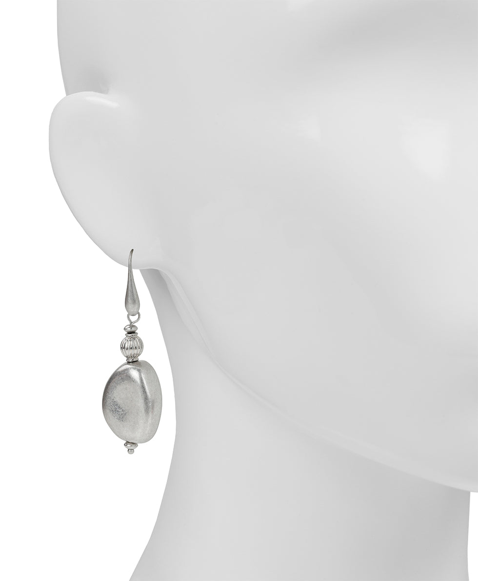 Female - Oval Drop Wire Earrings - Eclectic Bead Collection - worn rhodium / blue - by Patricia Nash - View 6 of 9