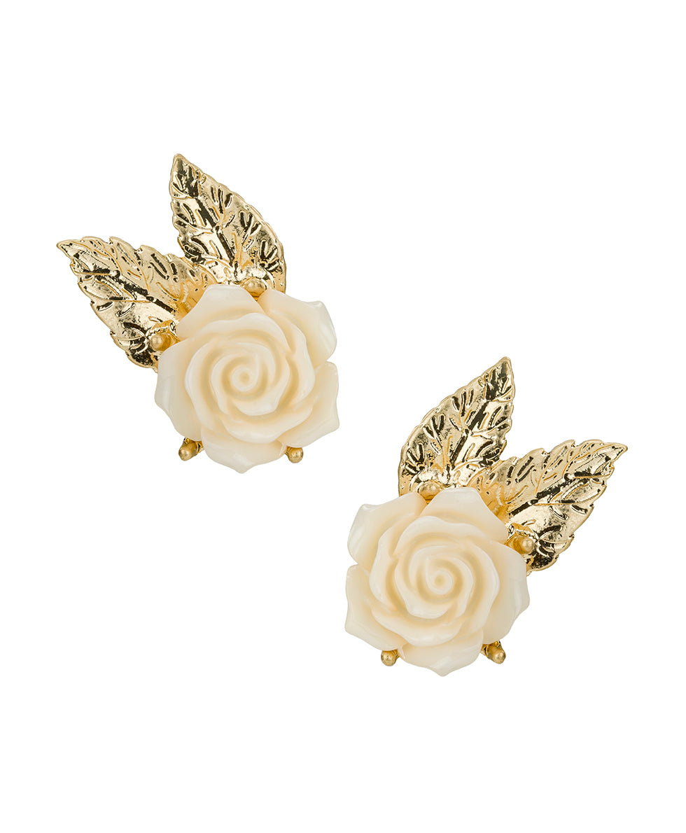 Female - Rose with Leaf Post Earrings - Rose Garden - worn gold - by Patricia Nash - View 1 of 2