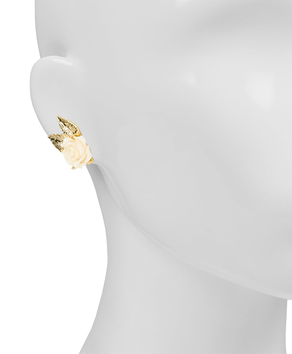 Female - Rose with Leaf Post Earrings - Rose Garden - worn gold - by Patricia Nash - View 2 of 2