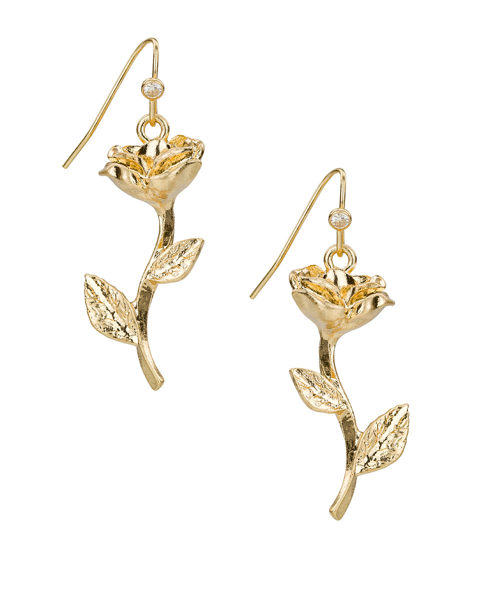 Female - Rose with Stems Dangle Earrings - Rose Garden - worn gold - by Patricia Nash - View 1 of 2