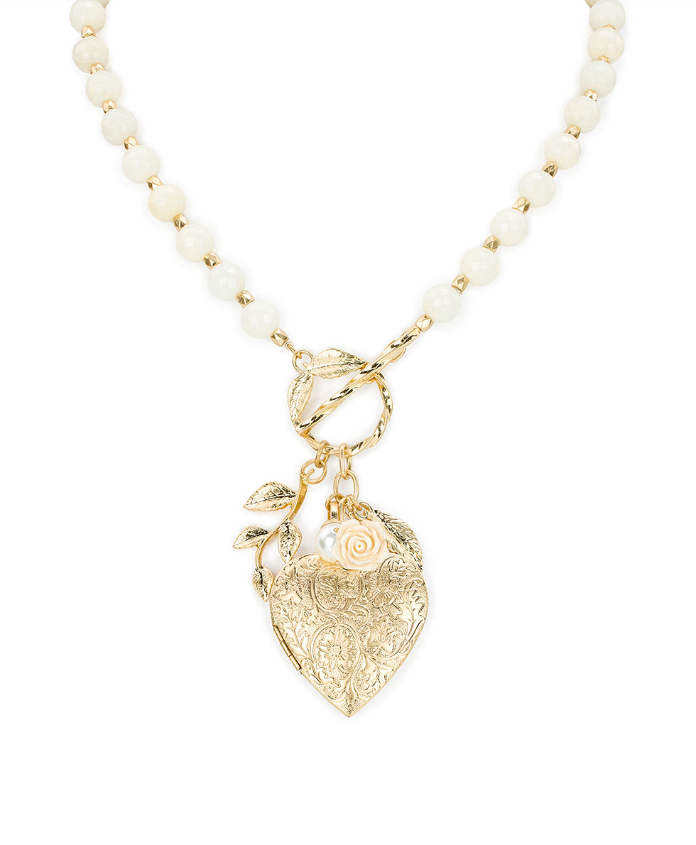 Female - Large Heart Locket Necklace - Rose Garden - worn gold - by Patricia Nash - View 1 of 4