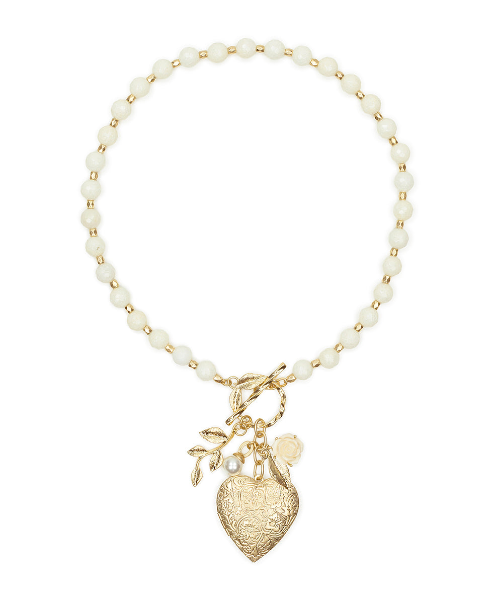 Female - Large Heart Locket Necklace - Rose Garden - worn gold - by Patricia Nash - View 2 of 4