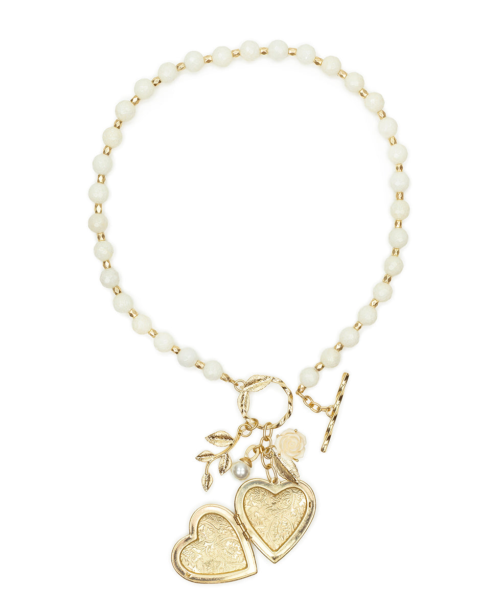 Female - Large Heart Locket Necklace - Rose Garden - worn gold - by Patricia Nash - View 3 of 4
