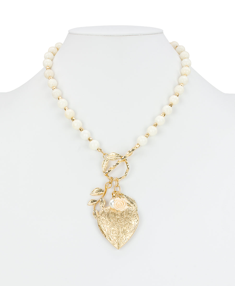 Female - Large Heart Locket Necklace - Rose Garden - worn gold - by Patricia Nash - View 4 of 4