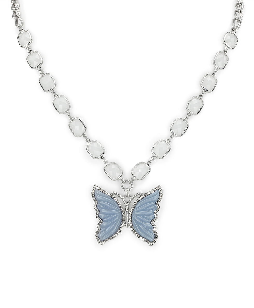 Female - Large Butterfly Pendant Necklace - Blue Butterfly - worn rhodium - by Patricia Nash - View 1 of 3