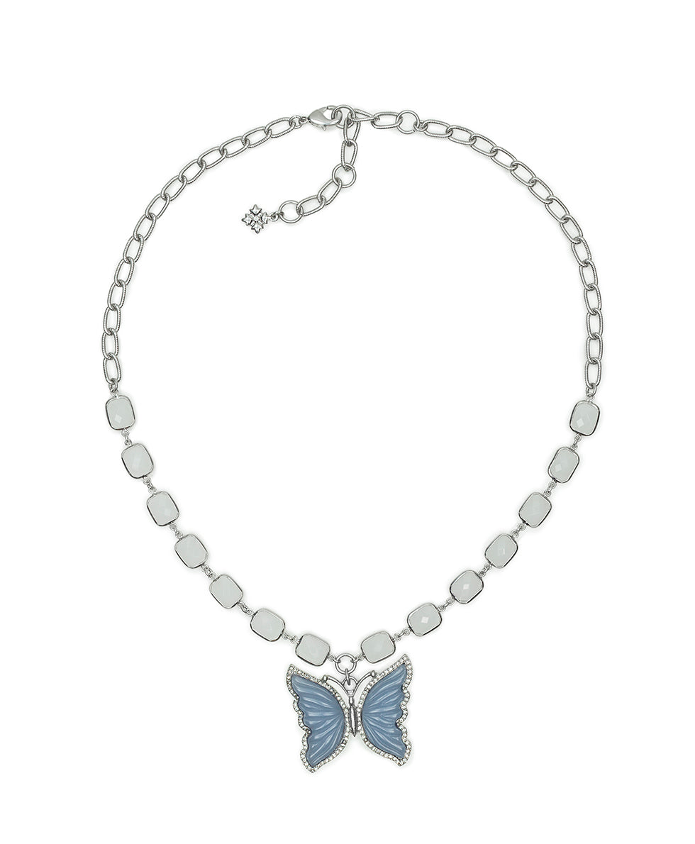 Female - Large Butterfly Pendant Necklace - Blue Butterfly - worn rhodium - by Patricia Nash - View 3 of 3