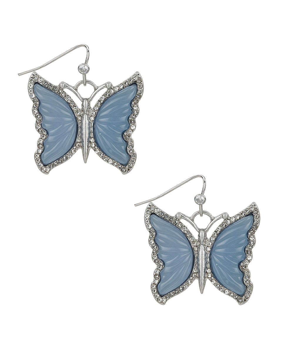 Female - Carved Butterfly Drop Earrings - Blue Butterfly - worn rhodium - by Patricia Nash - View 1 of 2