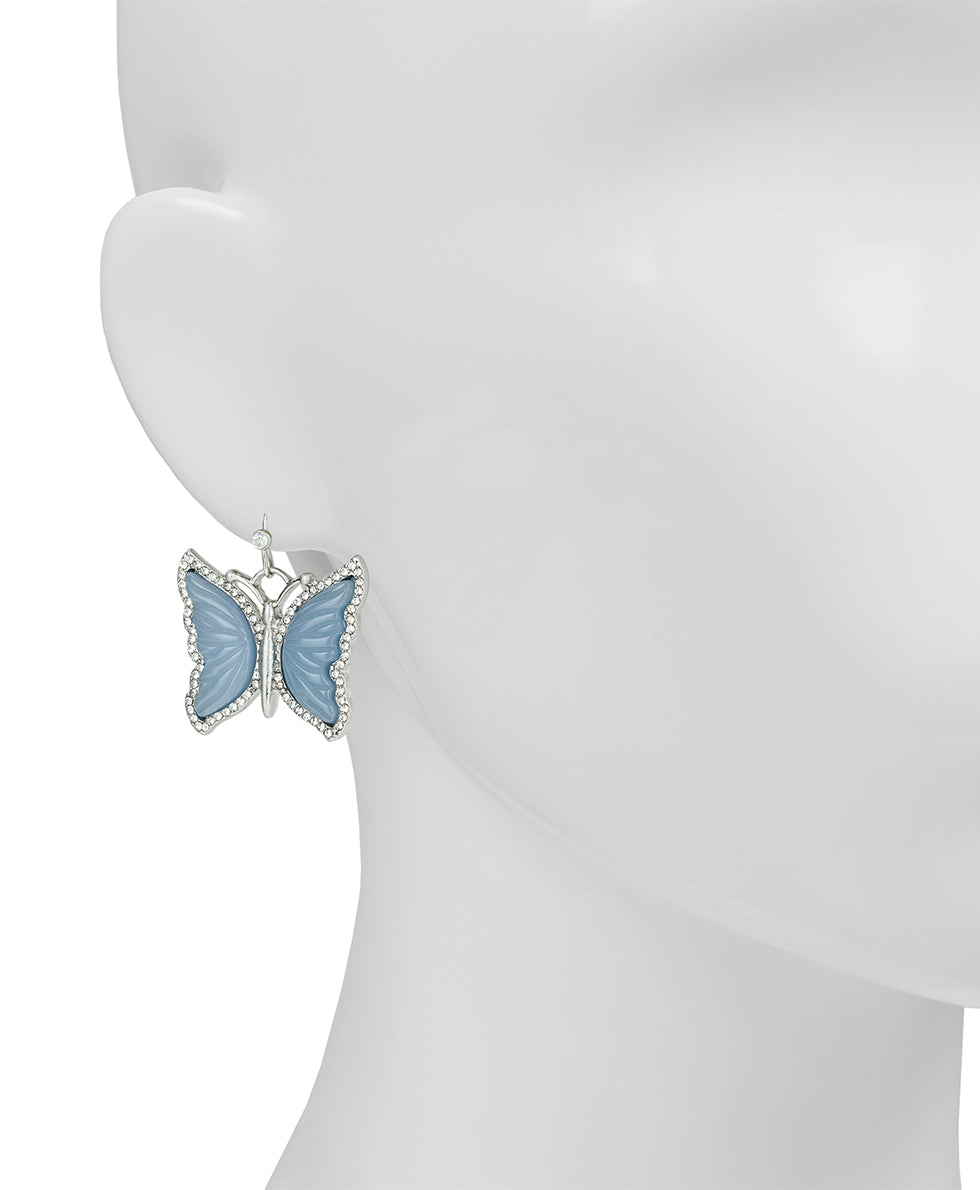 Female - Carved Butterfly Drop Earrings - Blue Butterfly - worn rhodium - by Patricia Nash - View 2 of 2