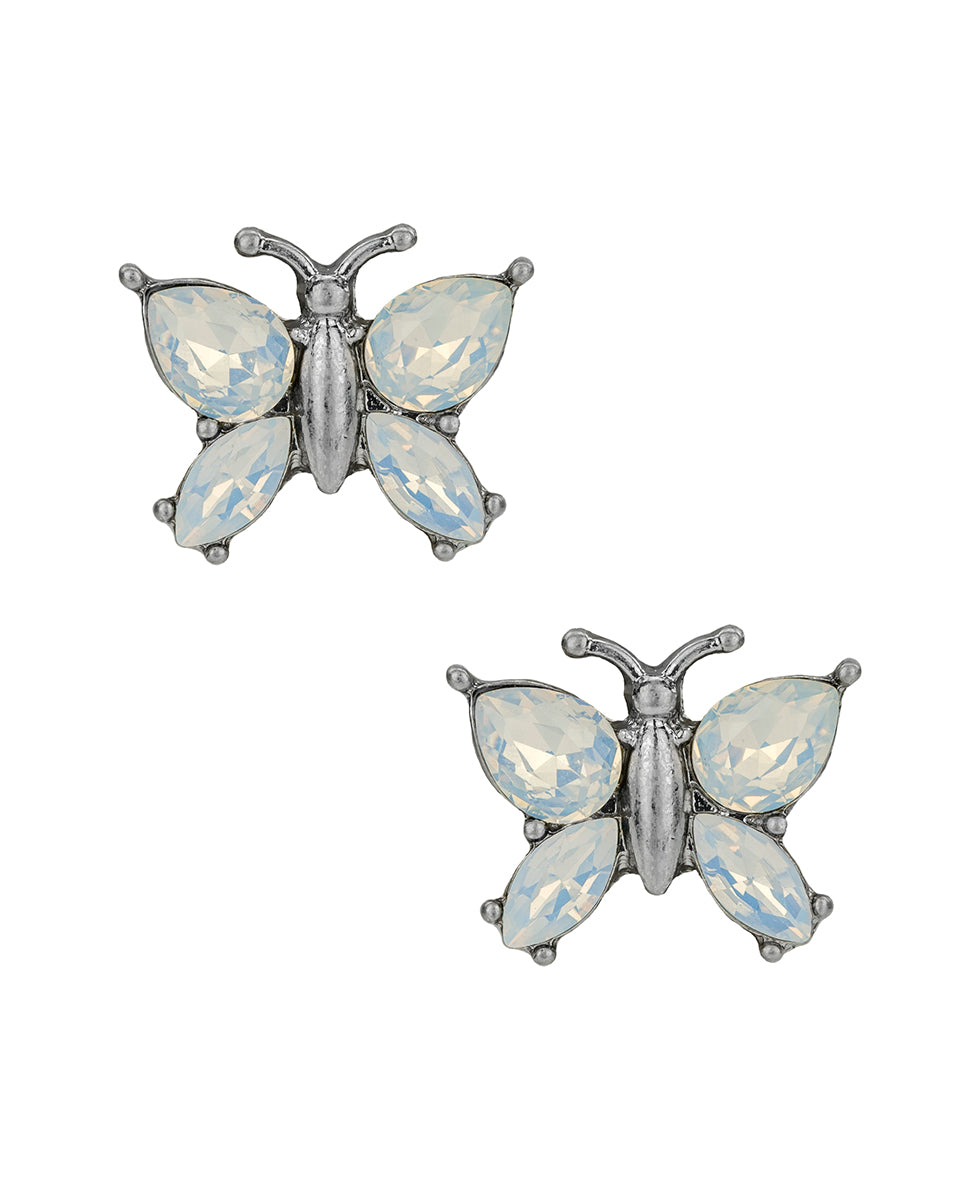 Female - Stone Butterfly Post Earrings - Blue Butterfly - worn rhodium - by Patricia Nash - View 1 of 2