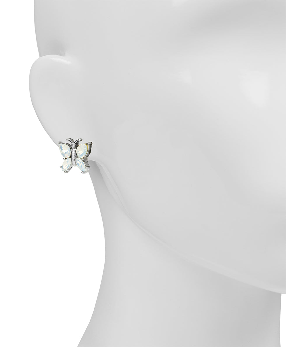 Female - Stone Butterfly Post Earrings - Blue Butterfly - worn rhodium - by Patricia Nash - View 2 of 2