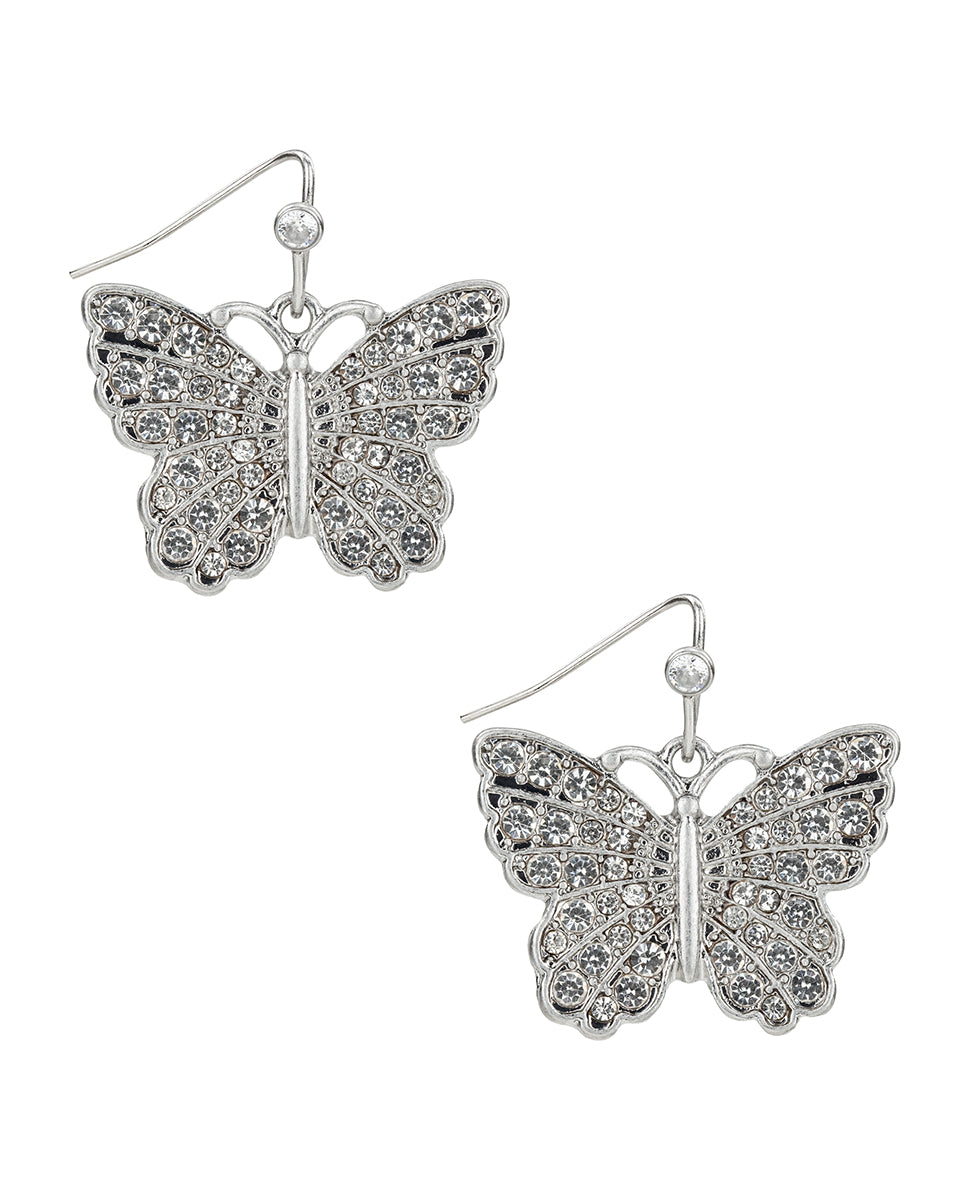 Female - Pave Butterfly Drop Earrings - Blue Butterfly - worn rhodium - by Patricia Nash - View 1 of 2