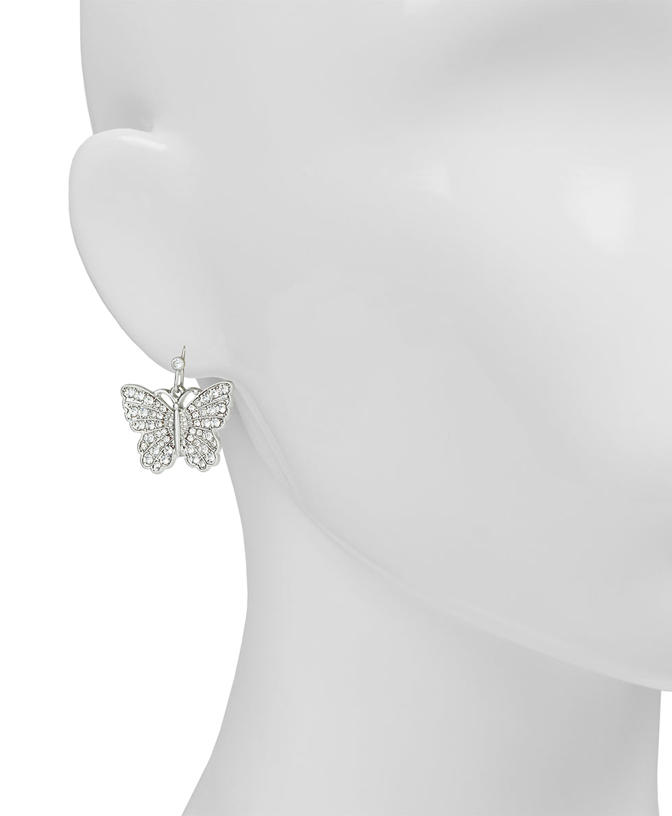 Female - Pave Butterfly Drop Earrings - Blue Butterfly - worn rhodium - by Patricia Nash - View 2 of 2