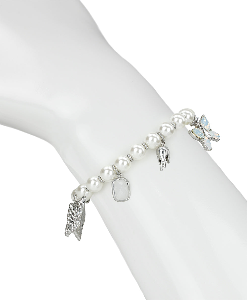 Female - Charm Stretch Bracelet - Blue Butterfly - worn rhodium - by Patricia Nash - View 2 of 2