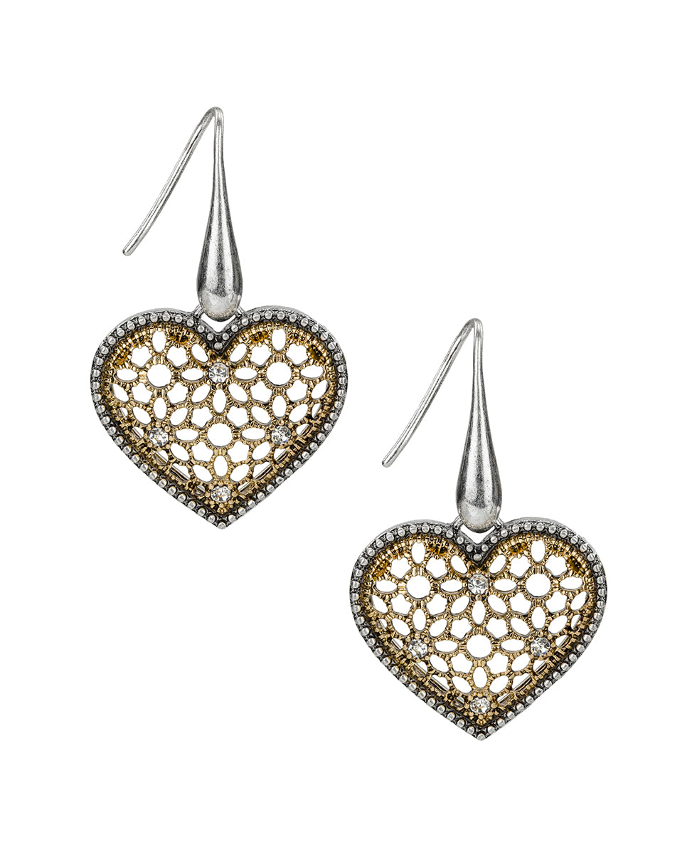 Female - Heart Drop Earrings - Filigree - antique gold/silver ox - by Patricia Nash - View 1 of 2