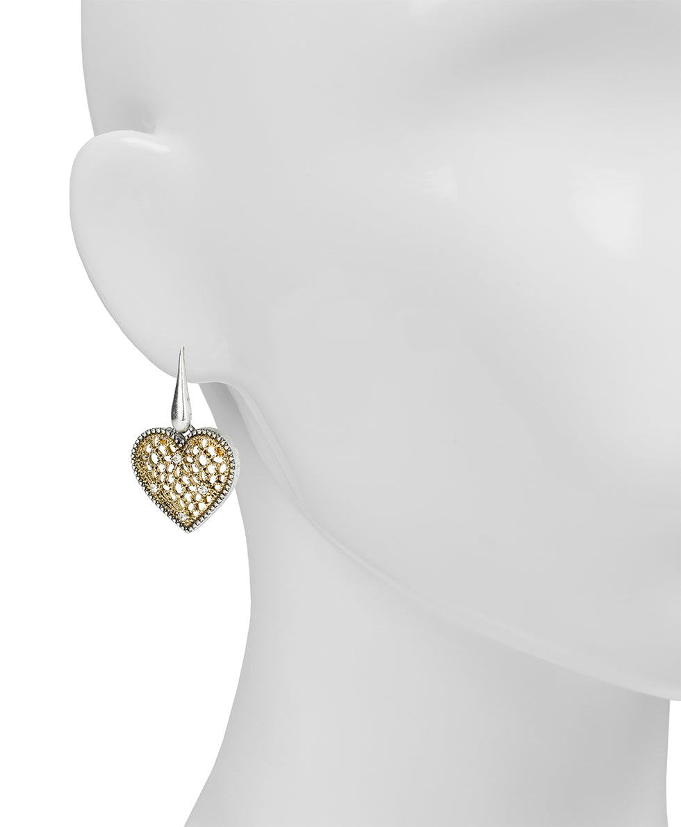 Female - Heart Drop Earrings - Filigree - antique gold/silver ox - by Patricia Nash - View 2 of 2