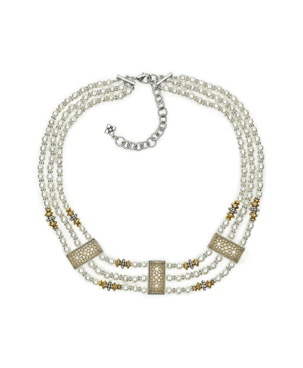 Female - 3 Strand Pearl Necklace - Filigree - antique gold/silver ox - by Patricia Nash - View 1 of 2