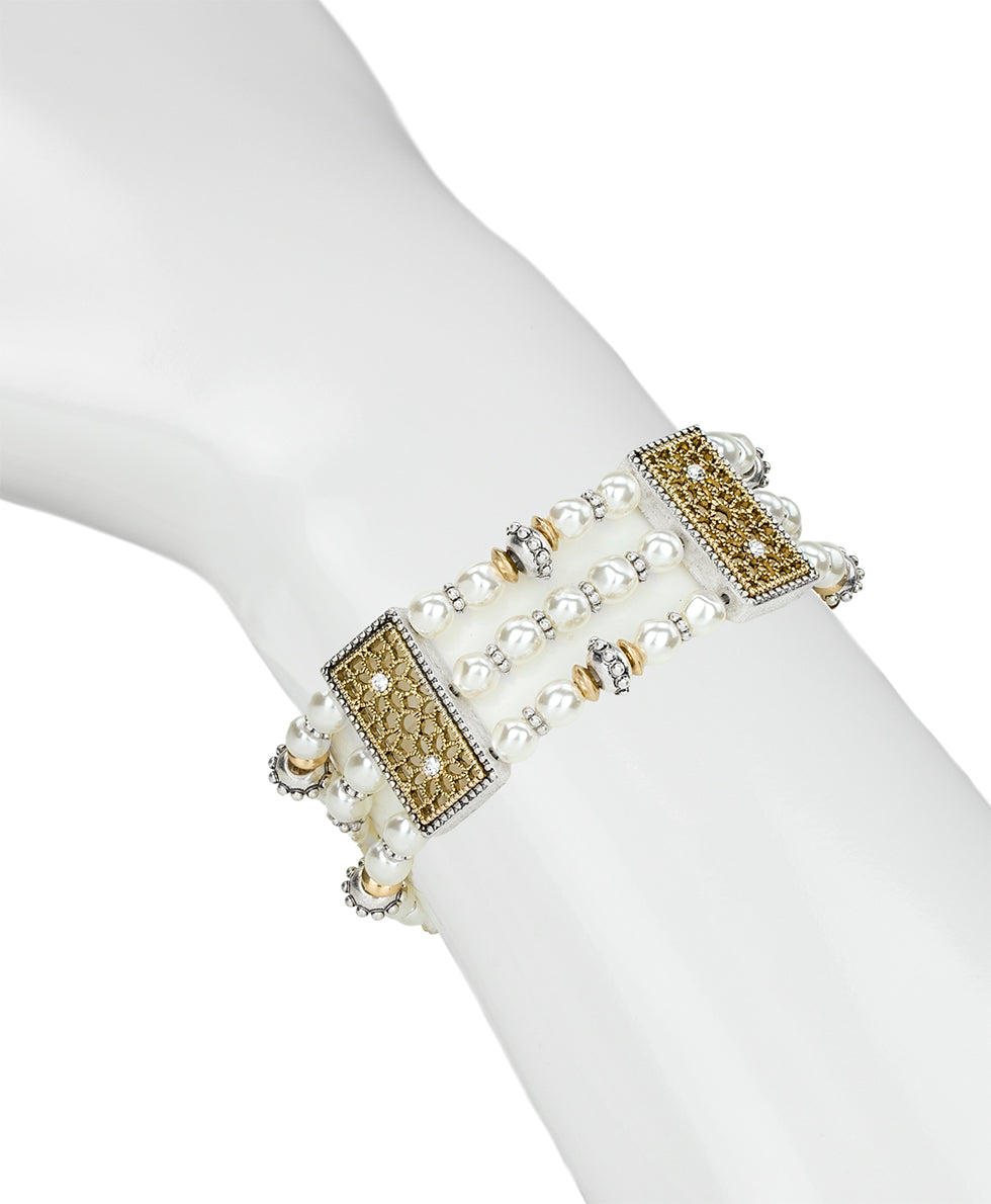 Female - 3 Strand Stretch Bracelet - Filigree - antique gold/silver ox - by Patricia Nash - View 2 of 2