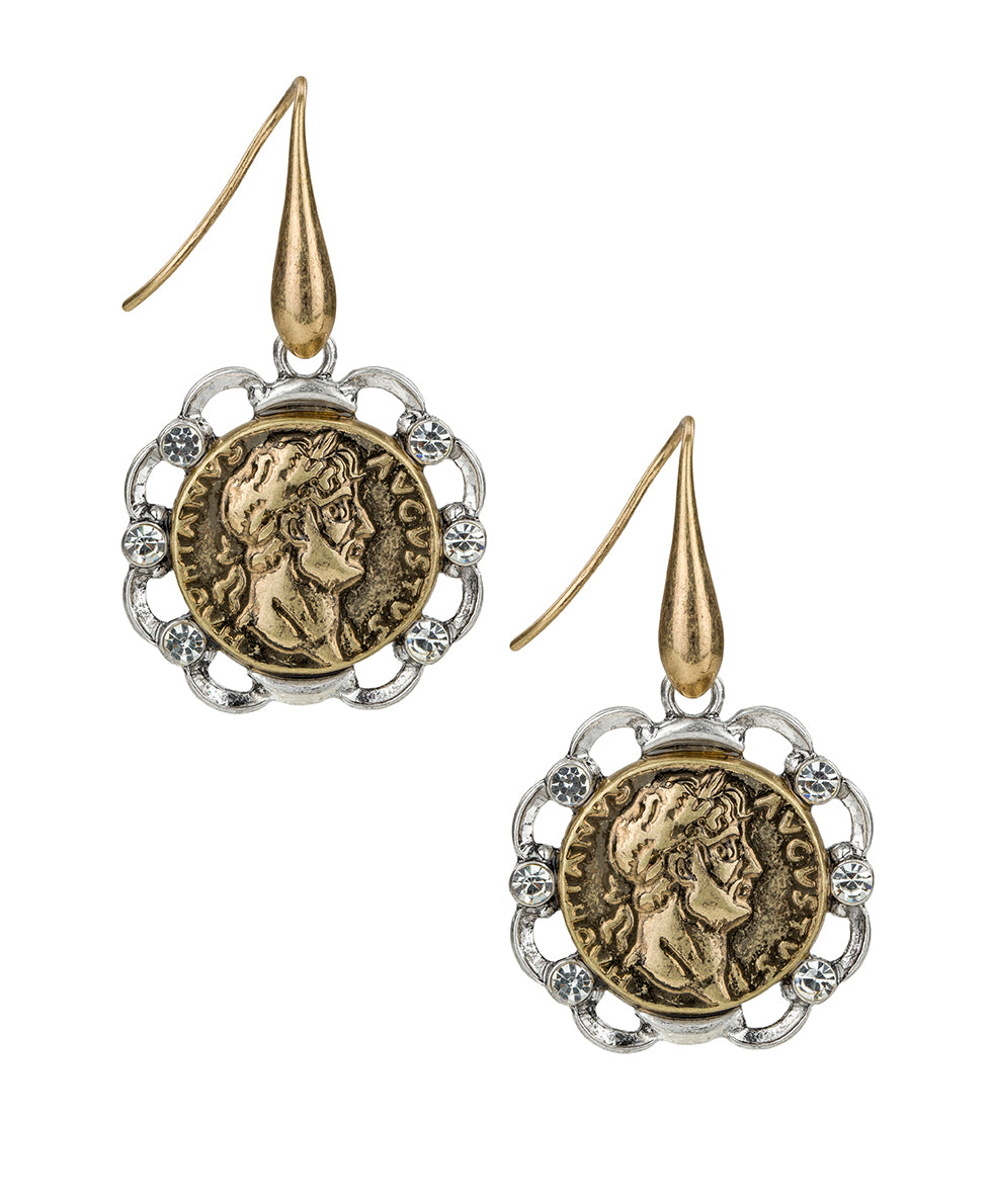 Female - Coin Drop Earrings - World Traveller - antique gold/antique silver - by Patricia Nash - View 1 of 2