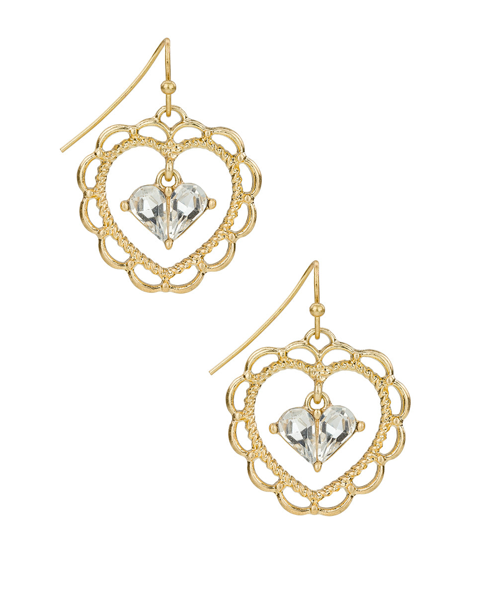 Female - Lacey Heart Drop Earrings - Lovely Sparkle - worn gold - by Patricia Nash - View 1 of 2
