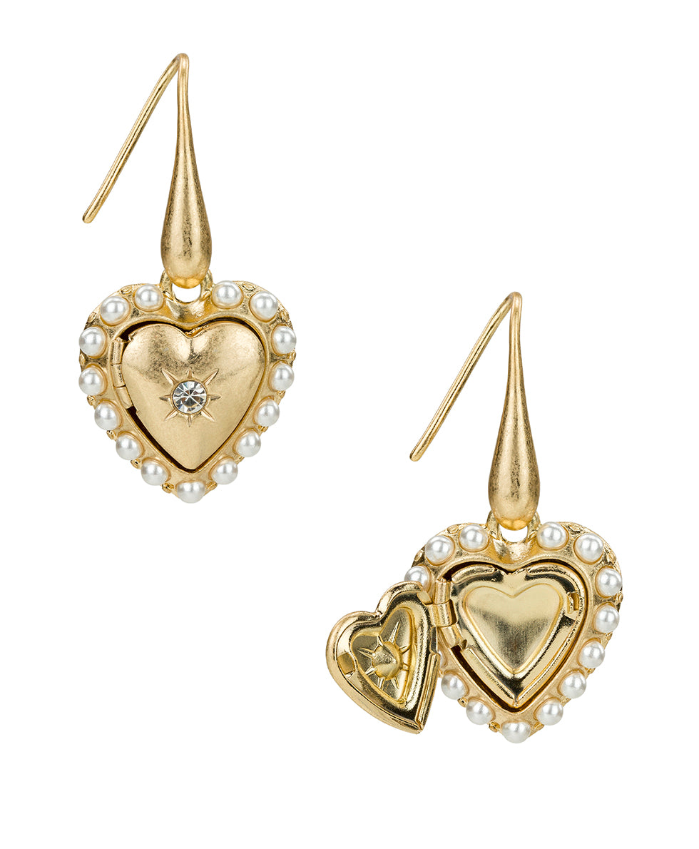 Female - Pearl Locket Drop Earrings - Love Locket - worn gold - by Patricia Nash - View 1 of 3