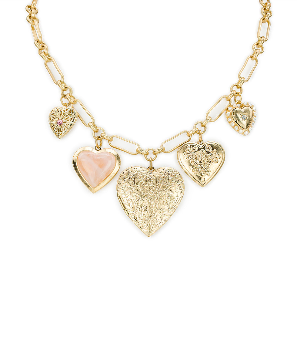 Female - 5 Locket Charm Necklace - Love Locket - worn gold - by Patricia Nash - View 1 of 4